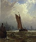 Alfred Thompson Bricher Famous Paintings - New York Harbor with the Brooklyn Bridge Under Construction